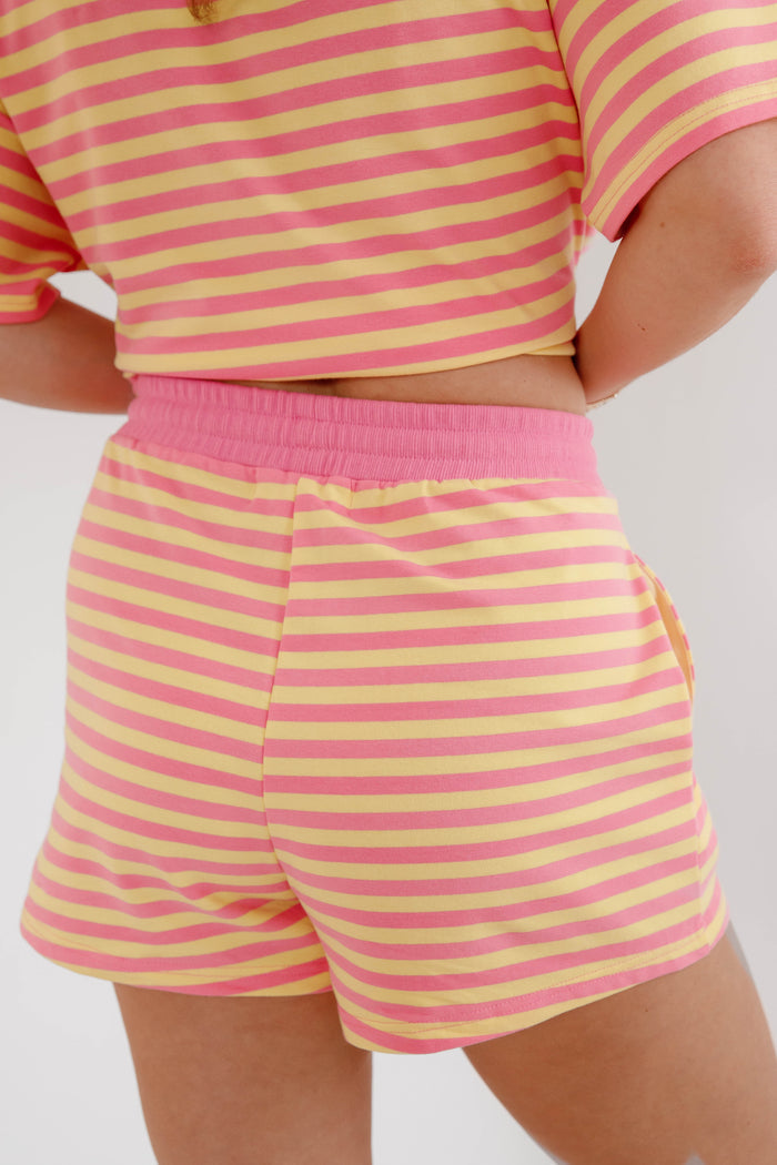 Casual Striped Set- Pink and Yellow Striped Shorts and Top- Day and Moon Striped Set
