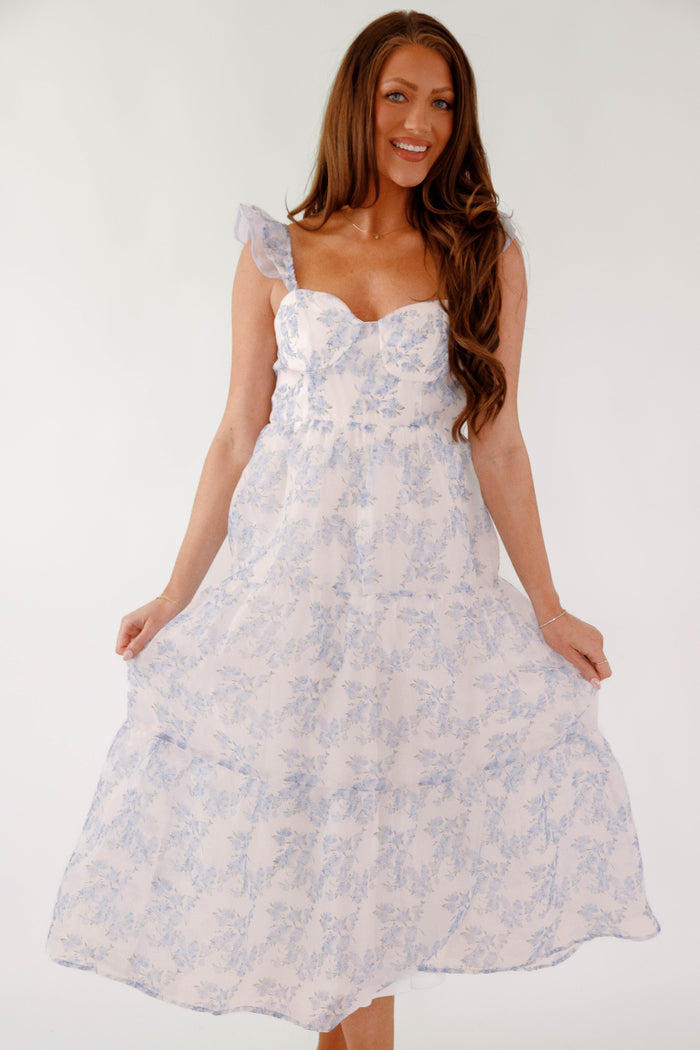 Blue Floral Midi Dress- Bridal Floral Midi Dress- B Right Tea Midi Dress