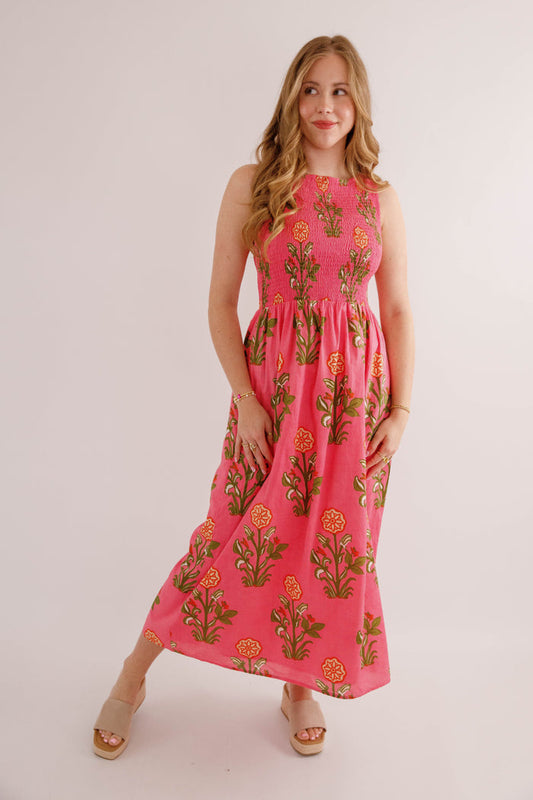 Pink Floral Smocked Midi Dress – Cotton Summer Maxi- THML Cotton Dress