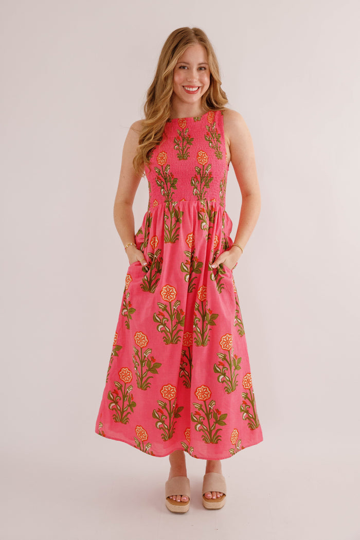 Pink Floral Smocked Midi Dress – Cotton Summer Maxi- THML Cotton Dress