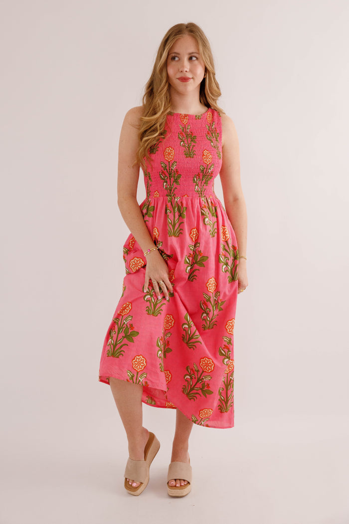 Pink Floral Smocked Midi Dress – Cotton Summer Maxi- THML Cotton Dress