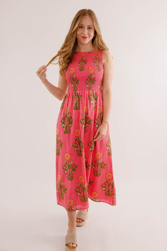 Pink Floral Smocked Midi Dress – Cotton Summer Maxi- THML Cotton Dress