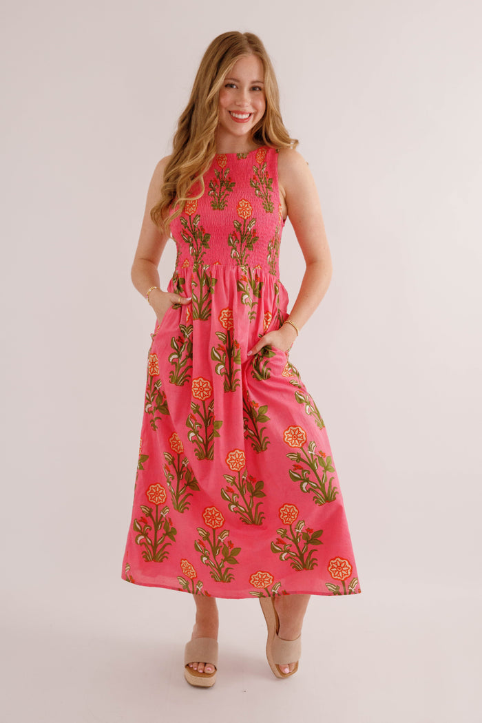Pink Floral Smocked Midi Dress – Cotton Summer Maxi- THML Cotton Dress