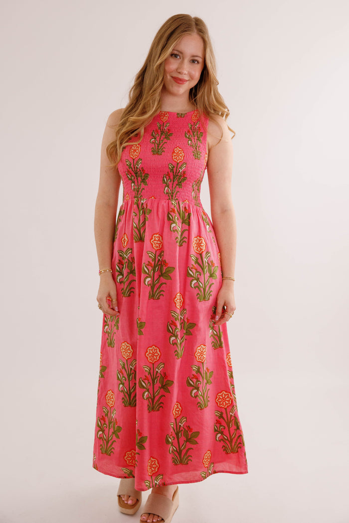 Pink Floral Smocked Midi Dress – Cotton Summer Maxi- THML Cotton Dress
