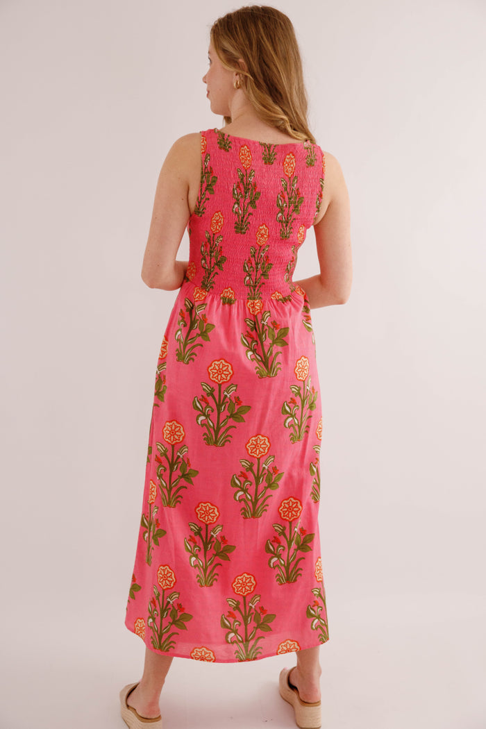 Pink Floral Smocked Midi Dress – Cotton Summer Maxi- THML Cotton Dress