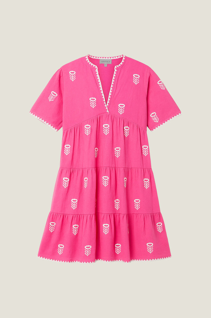 India Embroidered Organic Cotton Dress | Strawberry Pink/White - Aspiga