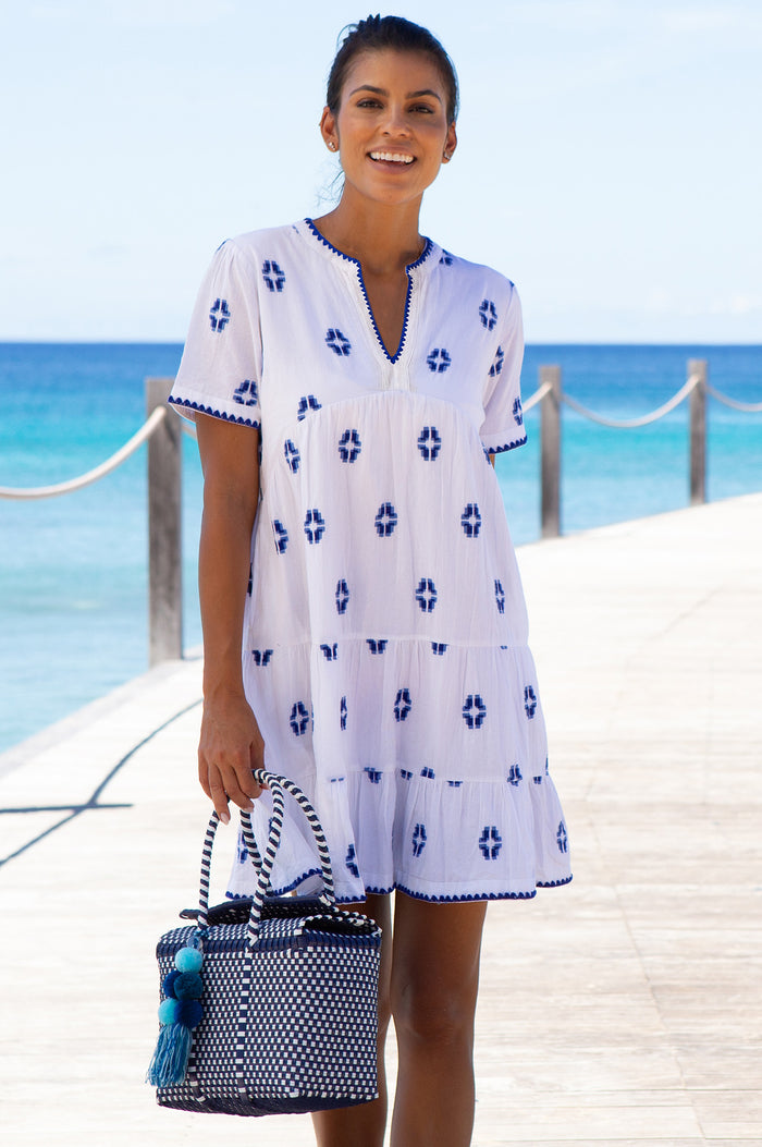 India Embroidered Organic Cotton Dress | White/Blue