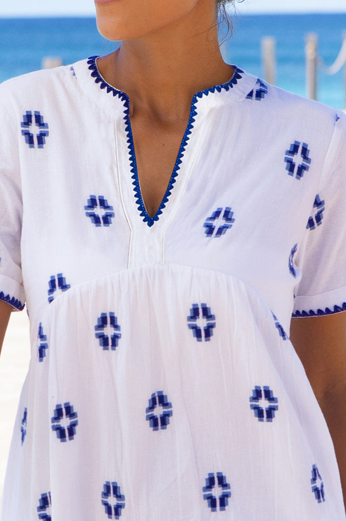 India Embroidered Organic Cotton Dress | White/Blue