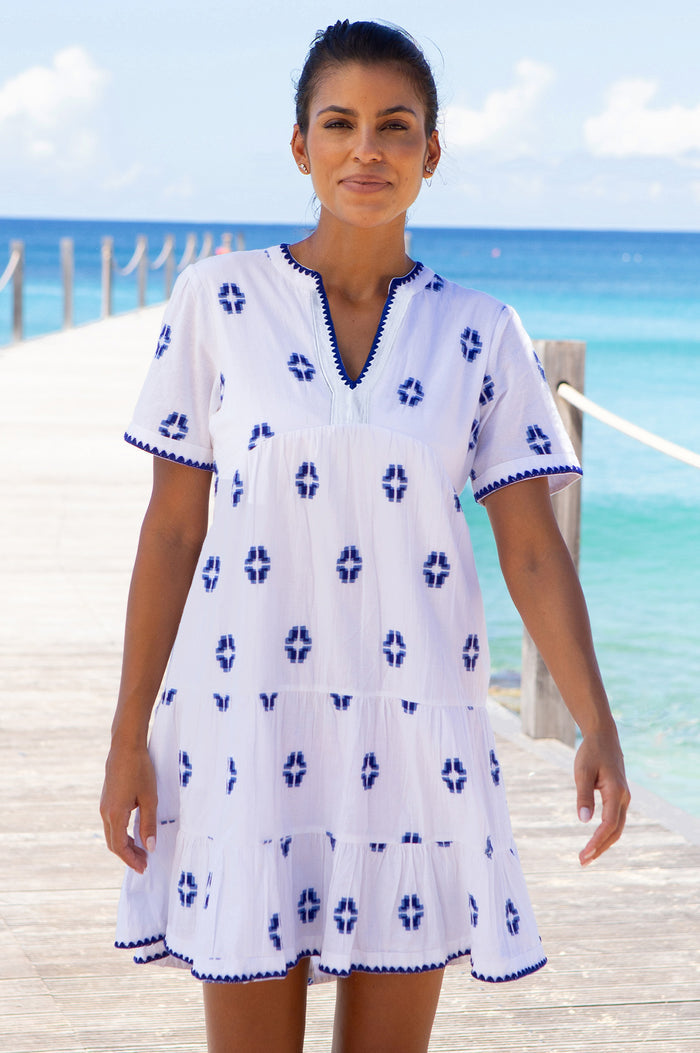 India Embroidered Organic Cotton Dress | White/Blue