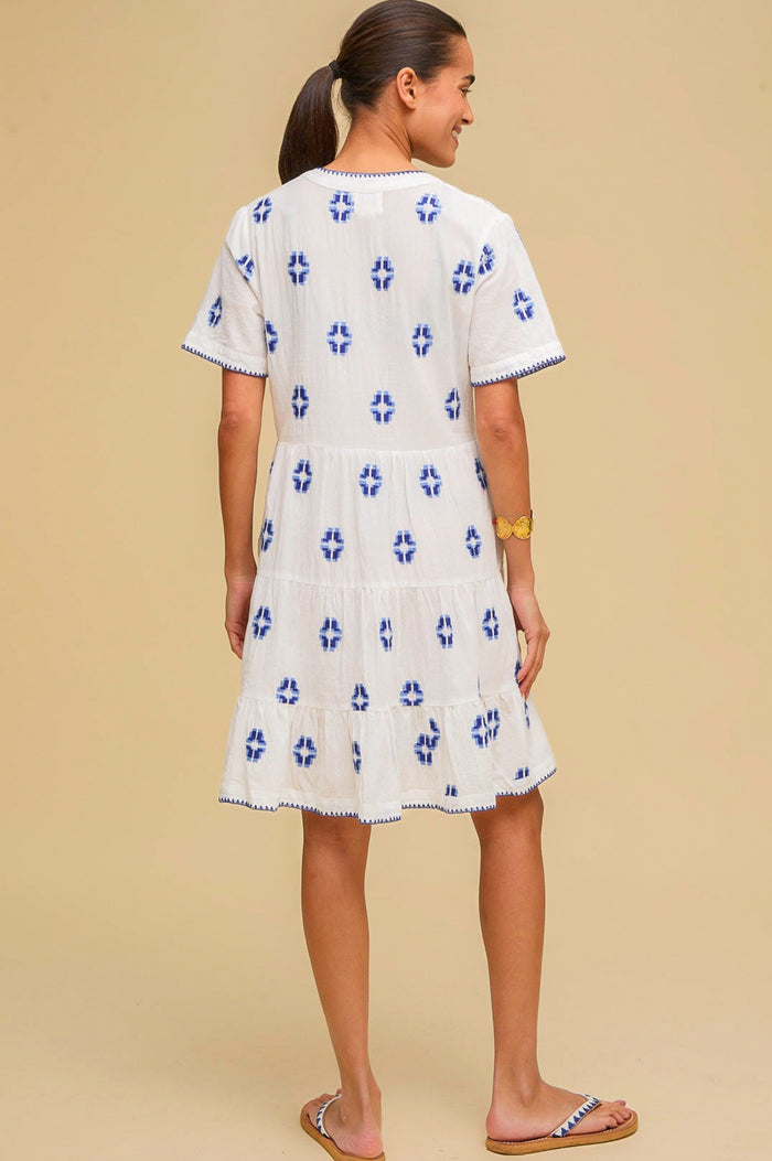 India Embroidered Organic Cotton Dress | White/Blue - Aspiga