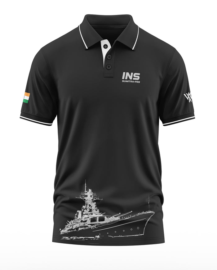 Black men's polo t-shirt with INS Sumitra P59 print, Indian flag on sleeve, warship graphic