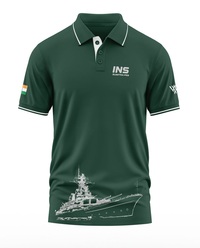 Green polo t-shirt with INS Sumitra-P59 text, ship graphic, and Indian flag sleeve detail