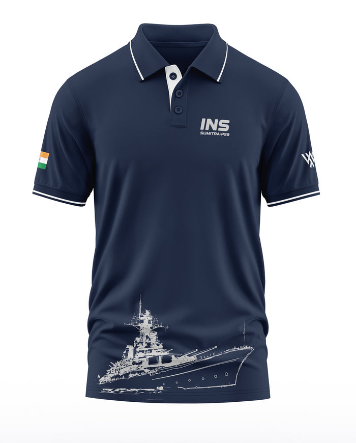 Navy blue men's polo t-shirt with INS Sumitra P59 print, warship graphic, Indian flag sleeve detail