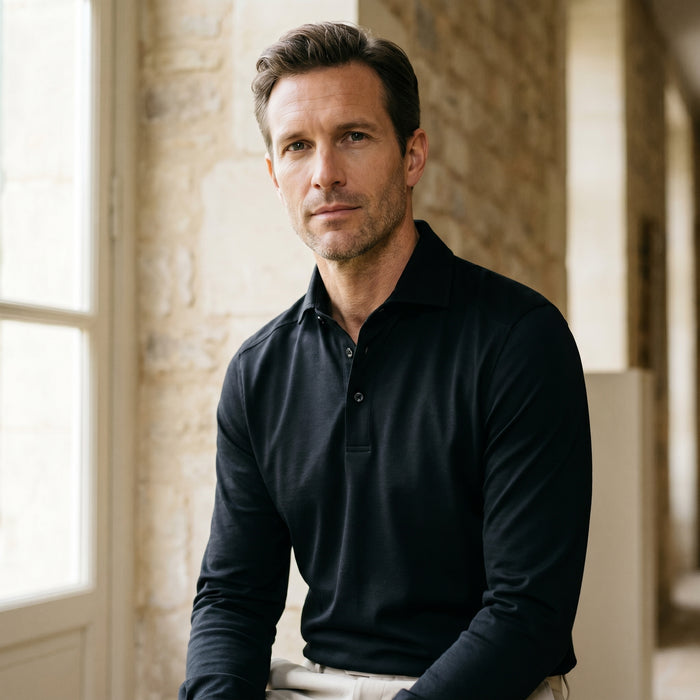 Jacquard Luxe Knit Polo, worn — Emanuel Berg
