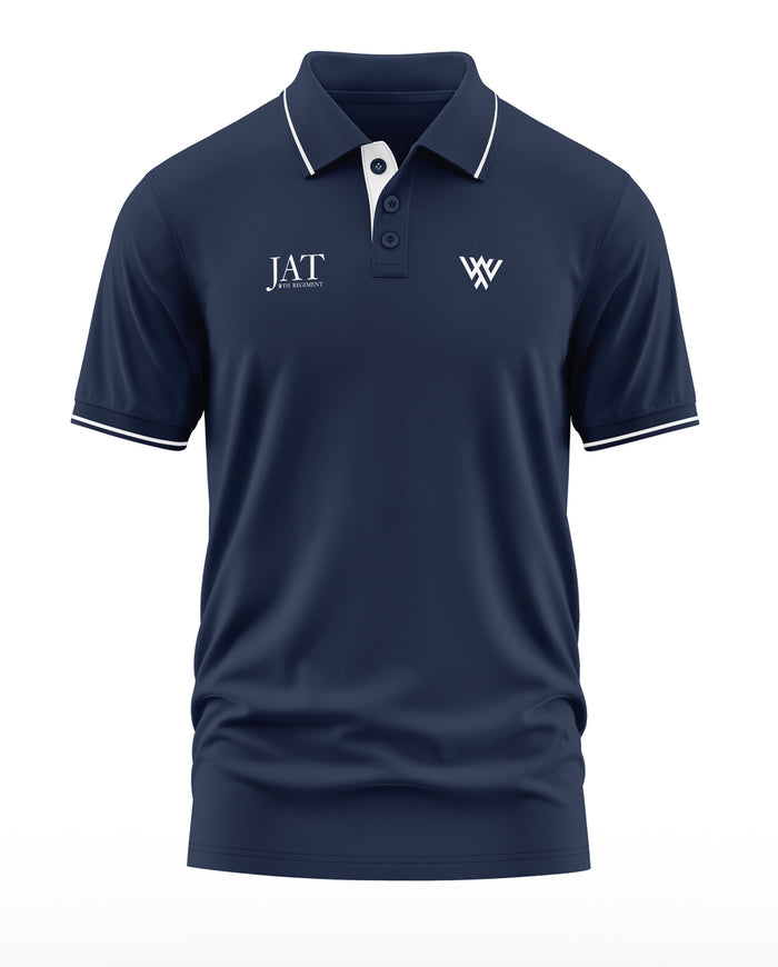Navy blue men's polo t-shirt with white trim, army-inspired text, and embroidered logo