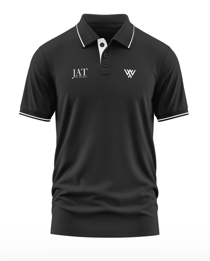 Black men's polo t-shirt with white collar accents and embroidered chest logos