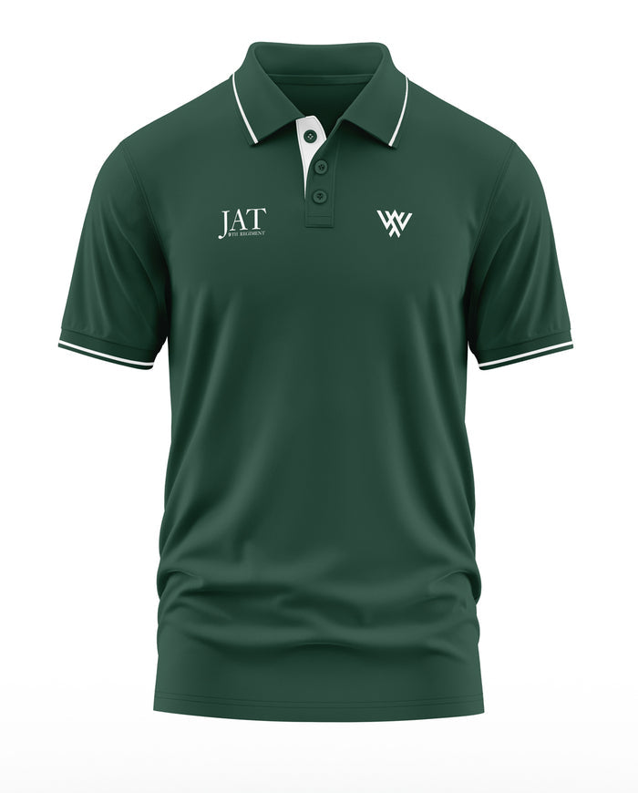 Men's green polo t-shirt with white trim, army-inspired embroidery, and short sleeves