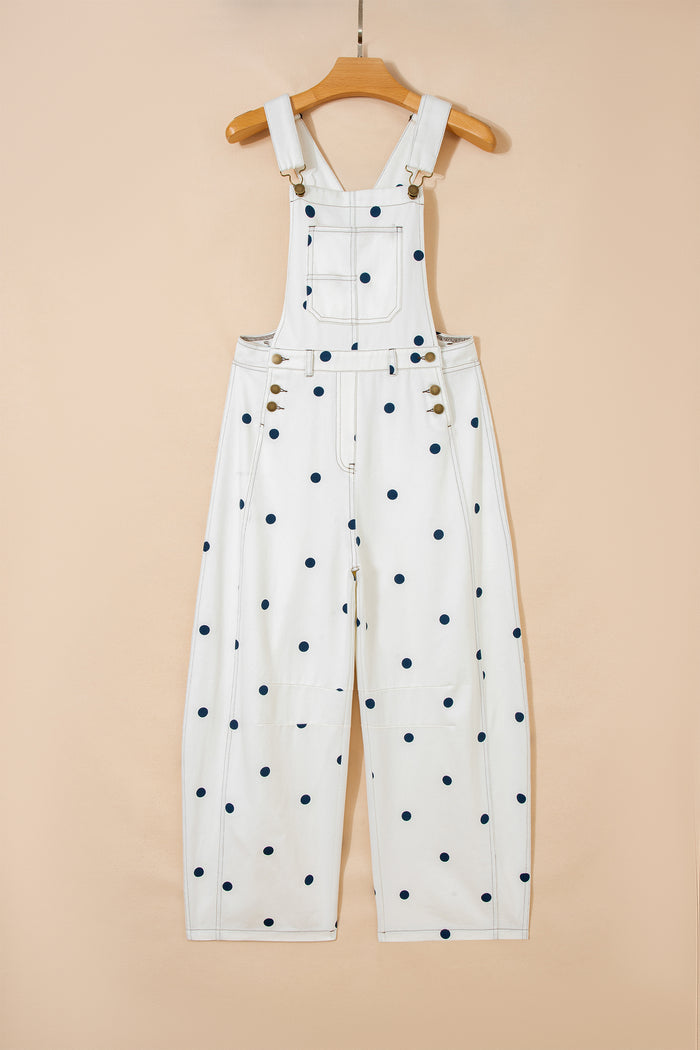 Jet Stream Polka Dot Print Bib Pocket Denim Barrel Overalls Jumpsuit