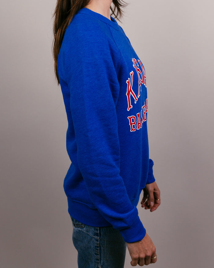 Royal Blue Kansas Jayhawks Basketball Vintage Crewneck Sweatshirt Side