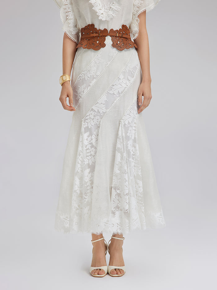 Lace-Panel Silk-Linen Mermaid Skirt