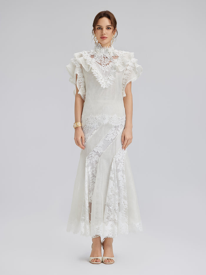 Lace-Panel Silk-Linen Mermaid Skirt