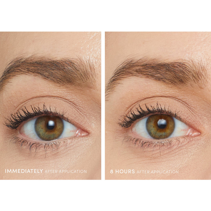 Close-up comparison of an eye showing eyelash length and definition immediately and 8 hours after using Lash Fixation Length & Definition Tubing Mascara | Jane Iredale.