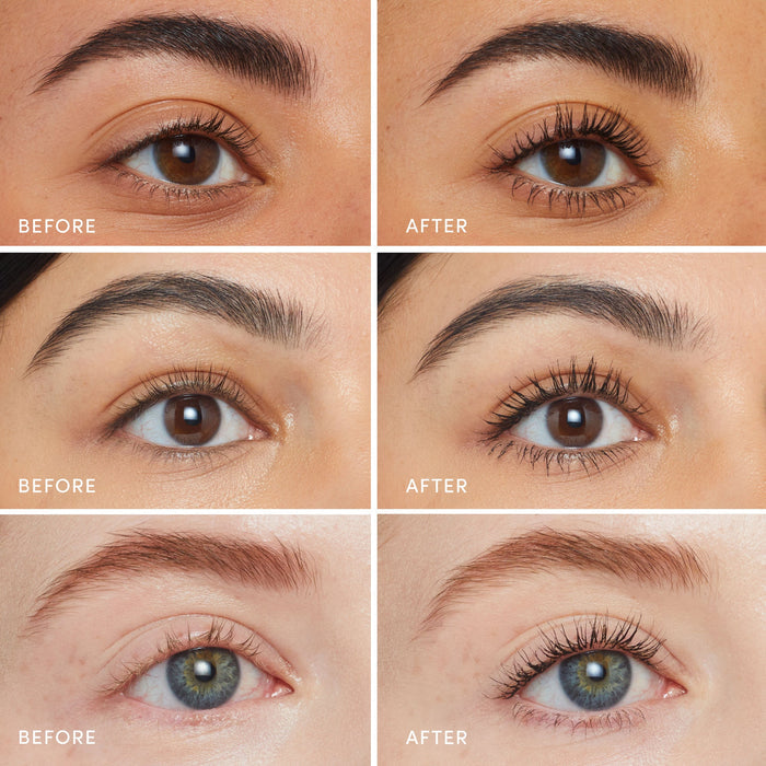 Three sets of close-up images showing eyes before and after applying Lash Fixation Length & Definition Tubing Mascara | Jane Iredale, demonstrating longer, defined lashes on diverse models.