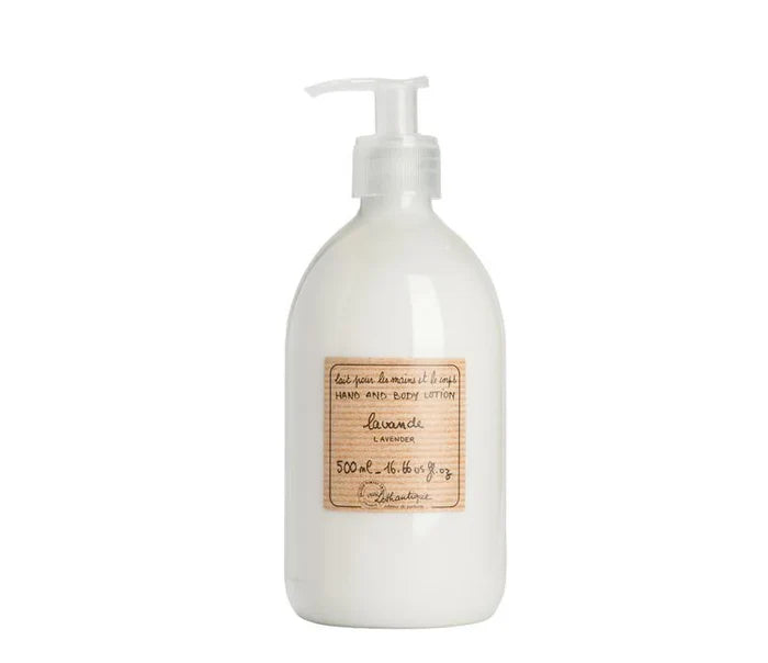 A clear plastic bottle with a pump dispenser containing a white lotion, labeled as 'Lothantigue - Lavender Hand & Body Lotion' with a volume of 500 ml indicated.