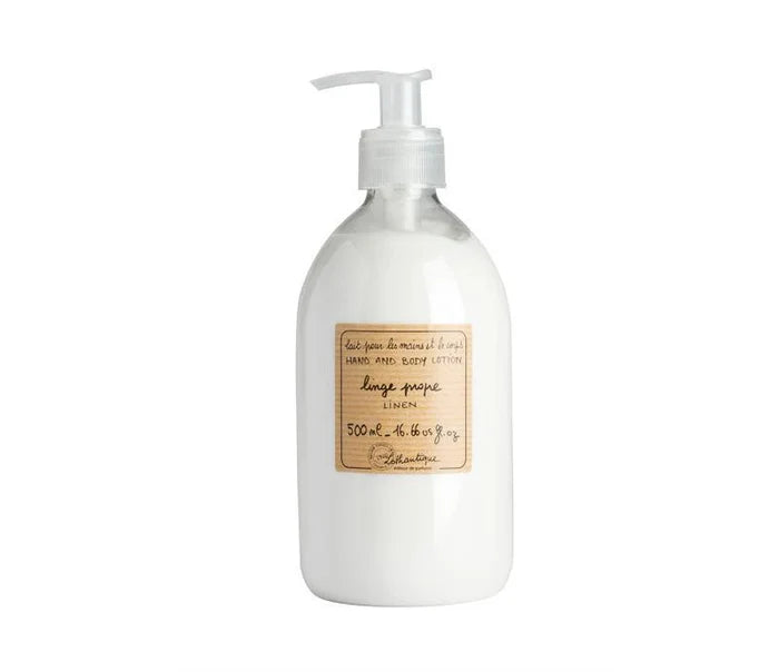 A large clear plastic bottle with a pump, labeled 'Lothantique Hand&Body Linen' with a volume indication of 100 ml.