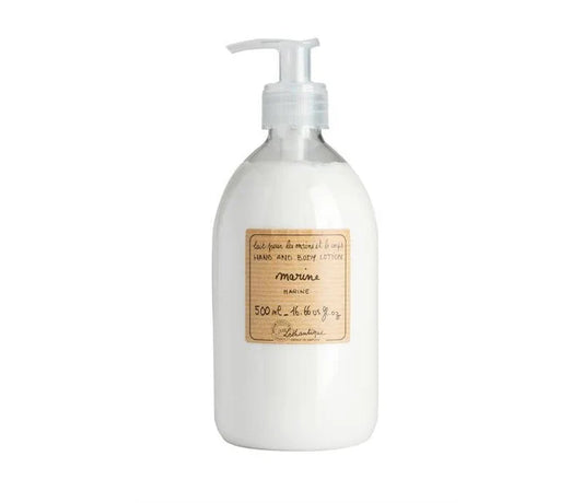 A clear plastic pump bottle of Lothantigue - Marine - Hand & Body Lotion with volume information.