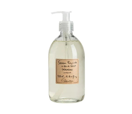 Clear plastic container of Lothantique-Verbena-LiquidSoap with a plastic pump top on a white background.