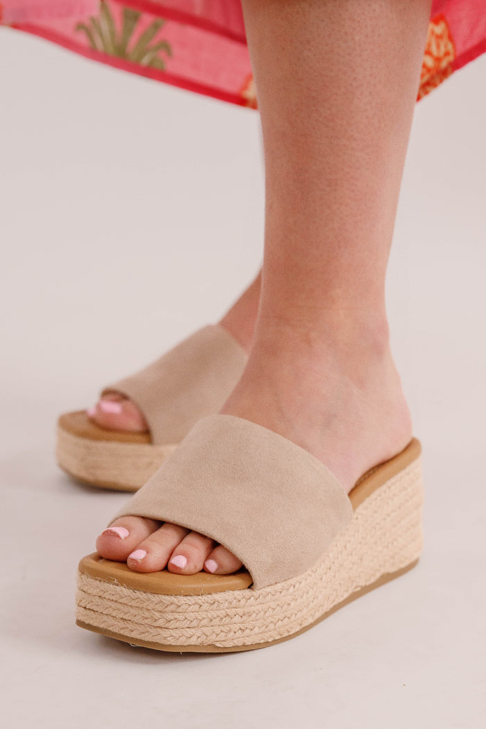 Neutral Suede Platform Espadrille Slide Sandals- Woven Platform Wedges