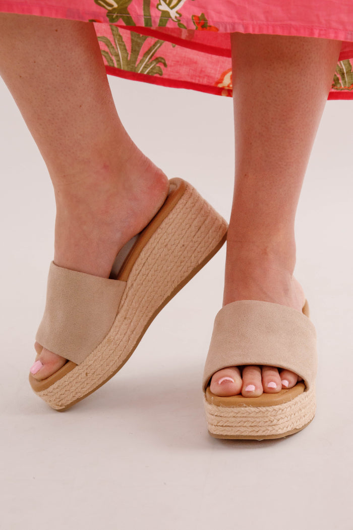 Neutral Suede Platform Espadrille Slide Sandals- Woven Platform Wedges