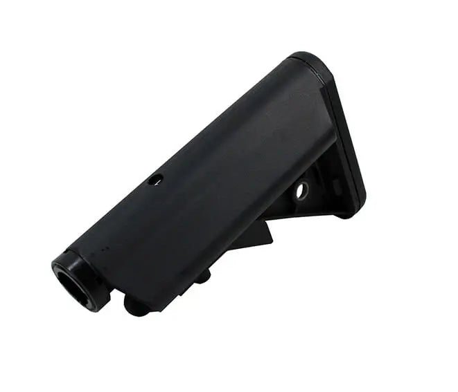 M4 Cranestock i sort farve, set bagfra for airsoftvåben.