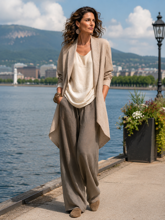 Mavelle - Ensemble femme trois pièces beige-gris avec pantalon large