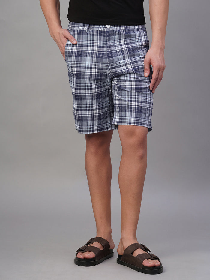 Men's 100% Cotton Regular Fit Check Shorts Navy