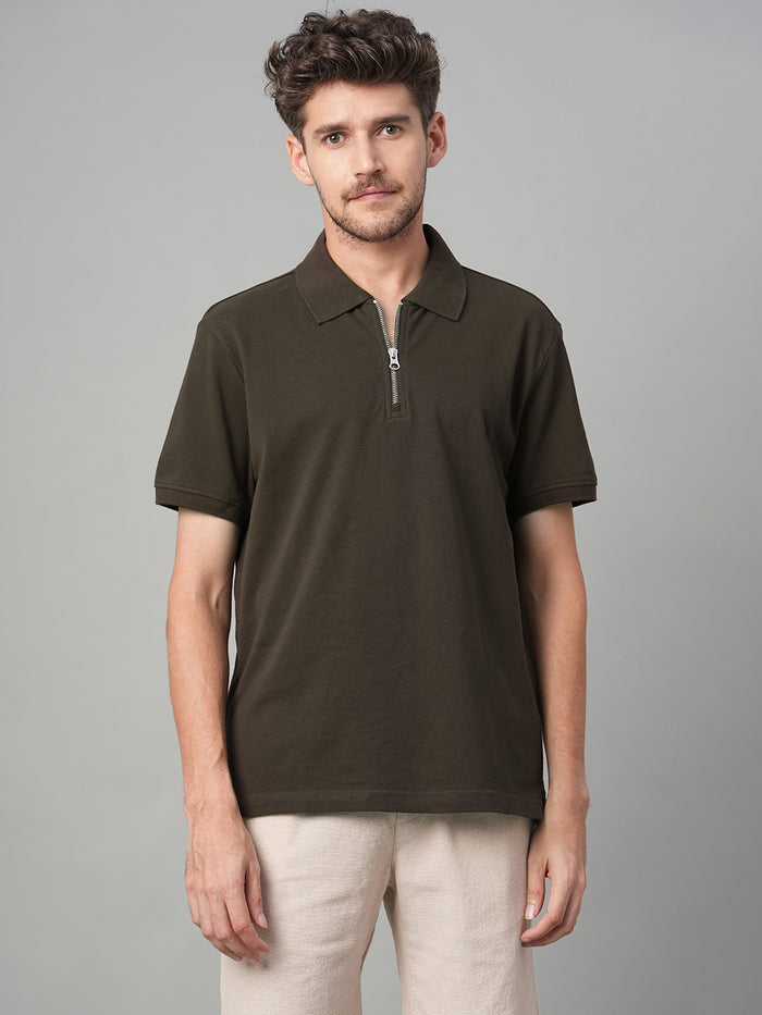 Men's 100% Cotton Zip Polo T Shirt Brown
