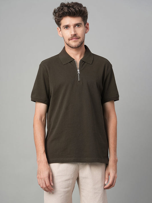 Men's 100% Cotton Zip Polo T Shirt Brown