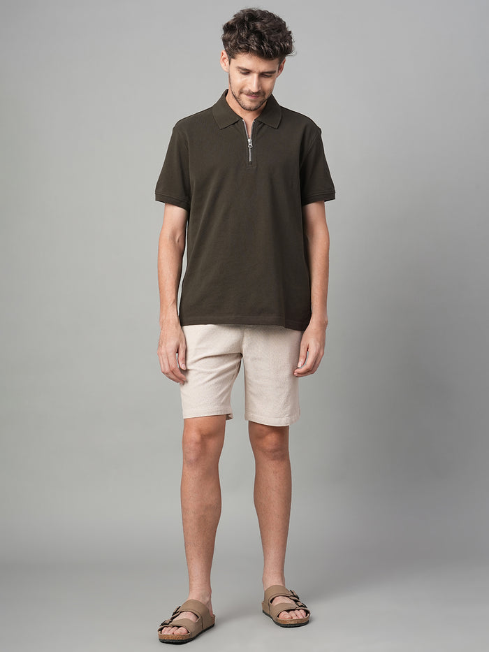 Men's 100% Cotton Zip Polo T Shirt Brown