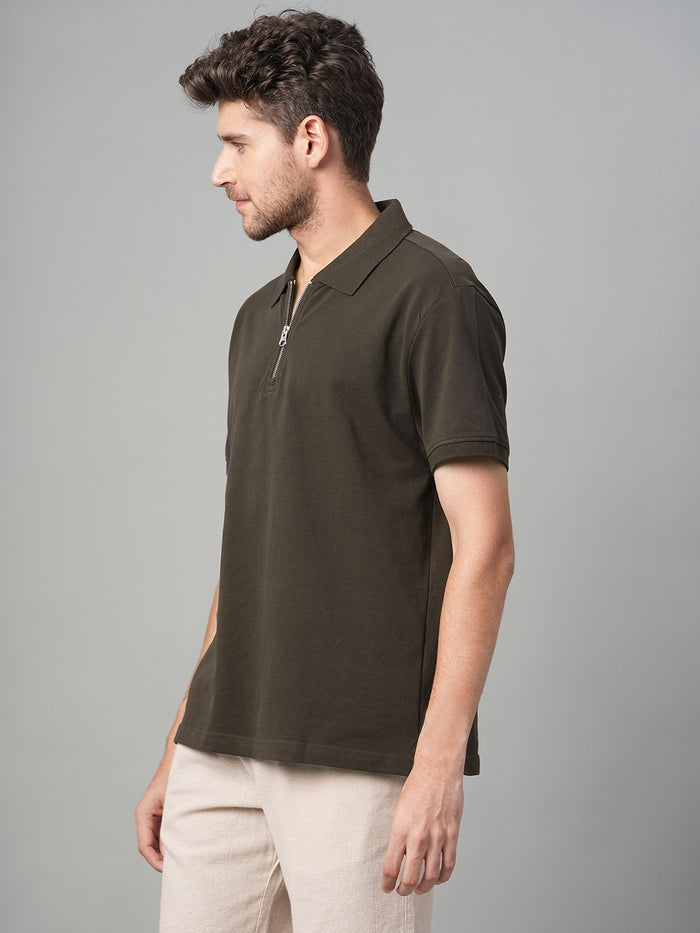 Men's 100% Cotton Zip Polo T Shirt Brown