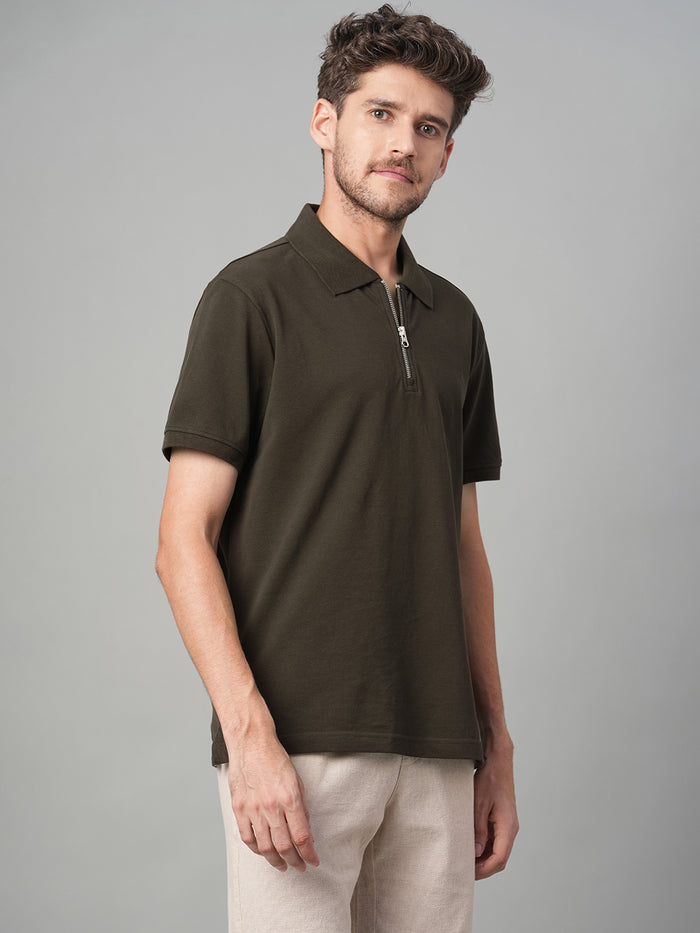 Men's 100% Cotton Zip Polo T Shirt Brown
