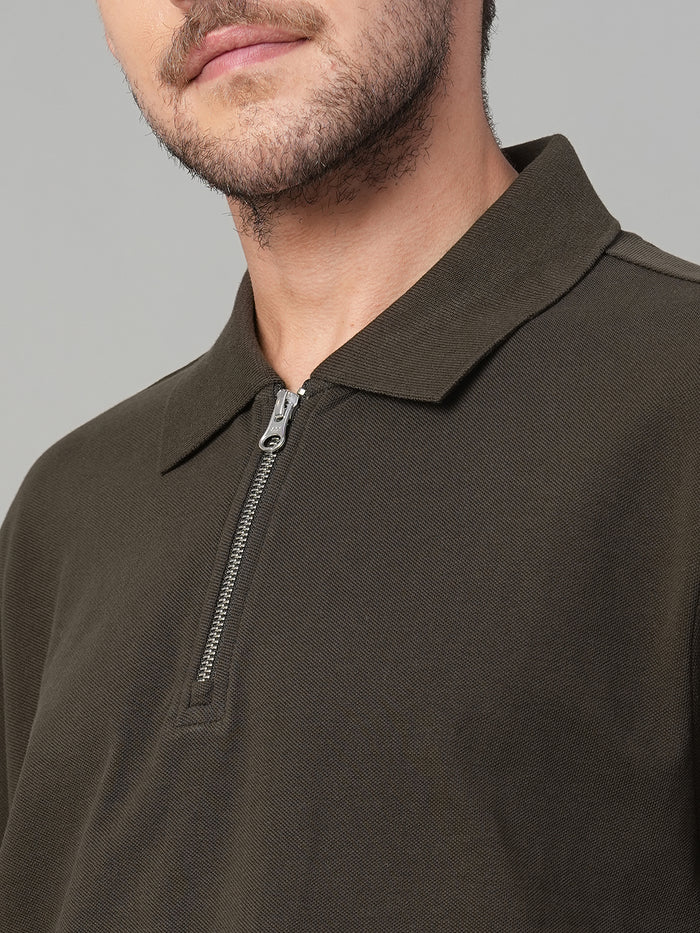 Men's 100% Cotton Zip Polo T Shirt Brown