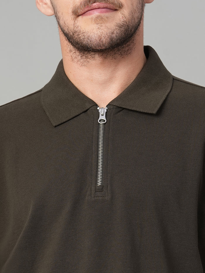 Men's 100% Cotton Zip Polo T Shirt Brown