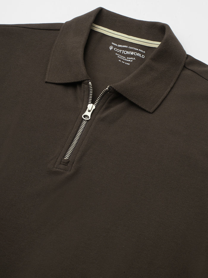 Men's 100% Cotton Zip Polo T Shirt Brown