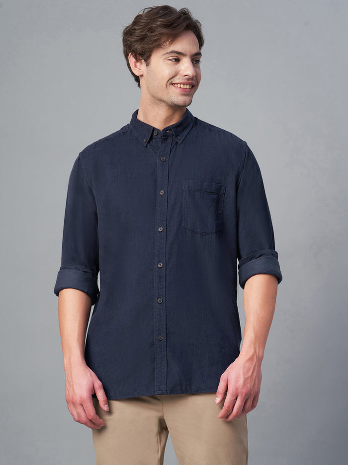 Men's Corduroy 100% Cotton Regular Fit Long Sleeved Shirt Navy