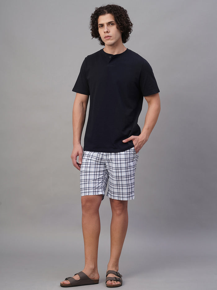 Men's Cotton Linen Regular Fit Button Zip Check Shorts Blue