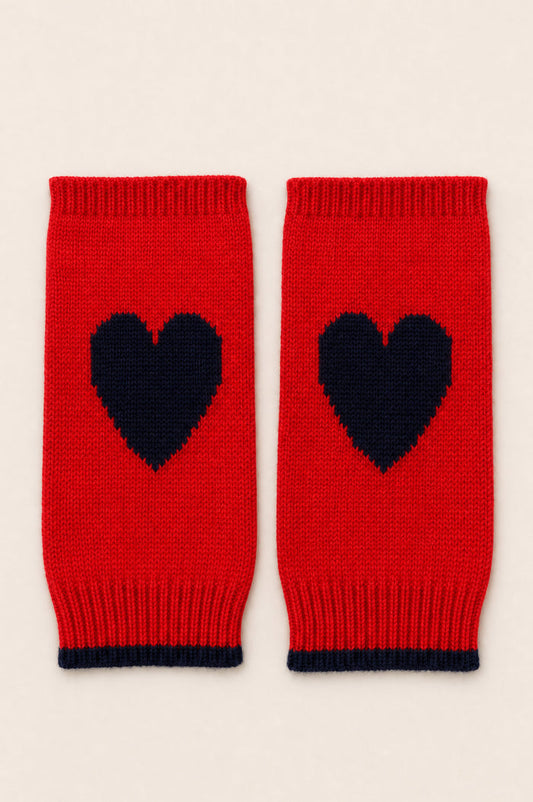 Merino Wool Fingerless Heart Gloves | Red/Navy