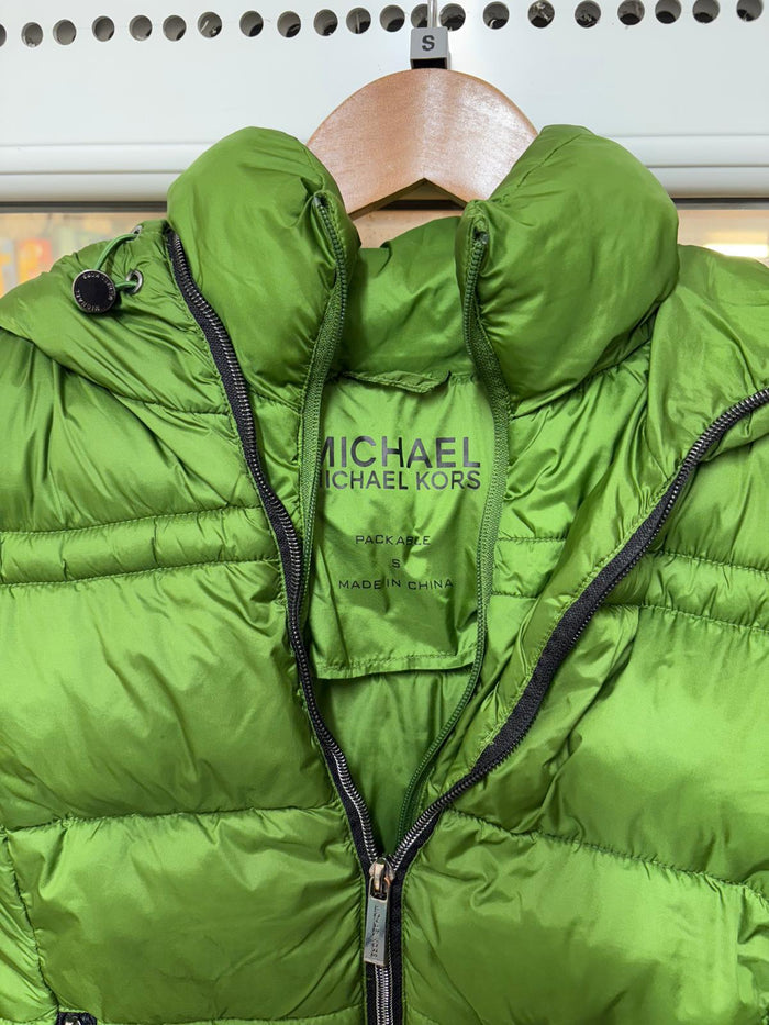 Michael Kors Green Padded Coat Jacket (S) UK 8 10 EU 36 38 Hooded Puffa Puffer