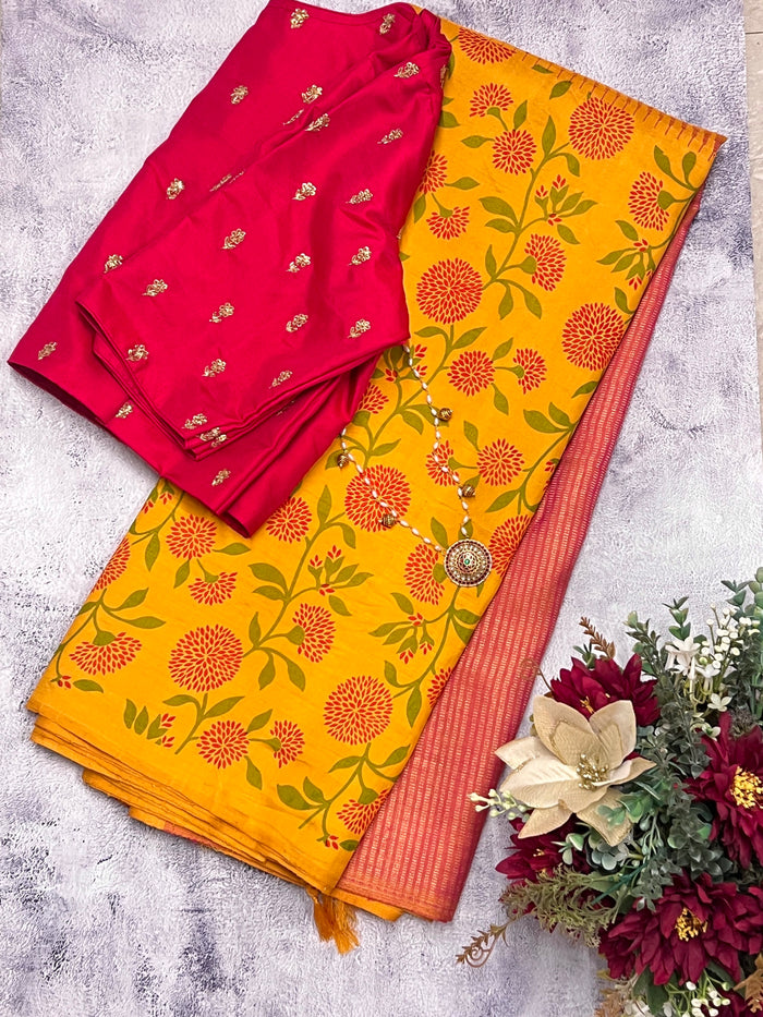 Mila colour block printed kanchipuram silk saree