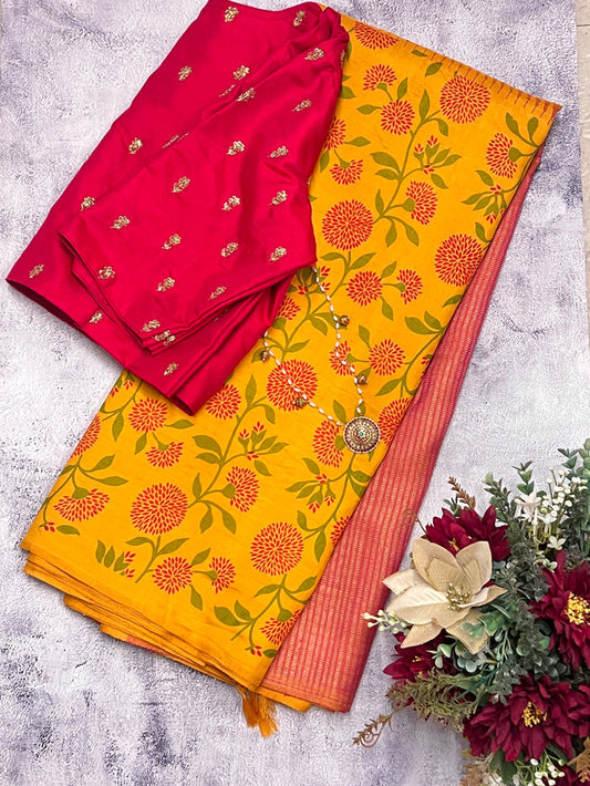 Mila colour block printed kanchipuram silk saree